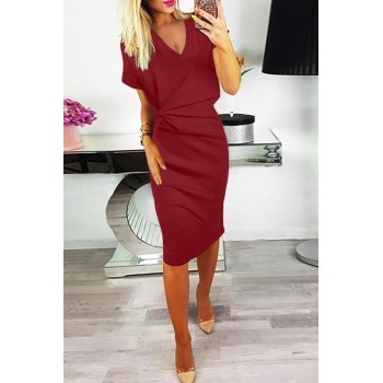 Blue V Neck Cutout Inverted Pleat Bodycon Dress Red